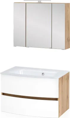 Produktbild von Waschtisch-Set Badezimmer Bad-Set "Kopenhagen I" Wotaneiche, Matt Weiß