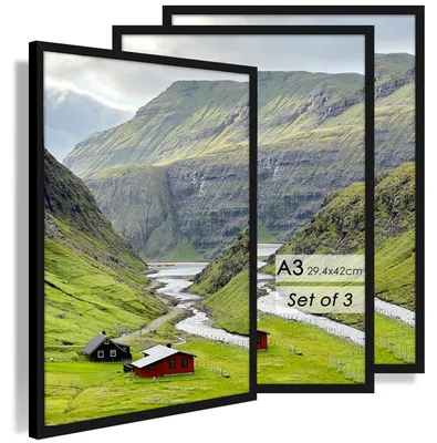 Produktbild von Omgoods – Set mit 3 Fotorahmen im Format A3 – Schwarze Holzrahmen für Fotos und Poster