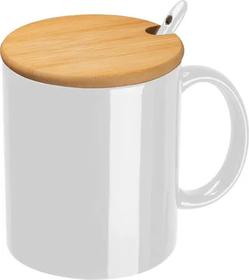 Produktbild von Keramiktasse mit Löffel und Bambusdeckel / Farbe: weiß