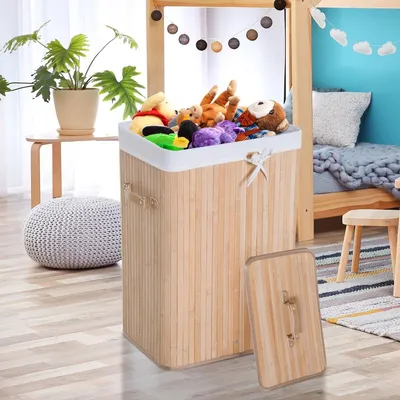 Obrázok produktu pre Košík na prádlo z bambusu s vreckom z ľanu | Farba: prírodná | Rozmery: 11,81 x 15,75 x 23,62 cm
