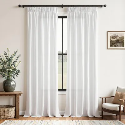 Produktbild von Gardinen mit Kräuselband 245 x 140 cm, 2er-Set, halbtransparent, Leinenoptik, weiß, für Wohnzimmer