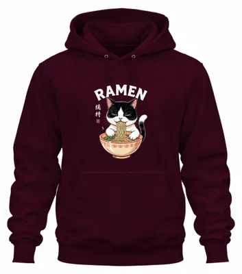 Obrázok produktu pre Mikina s kapucňou "Ramen Katze" s motívom mačky a nudlí, v japonskom štýle, zábavný dizajn, farba: bordová, veľkosť: XXL