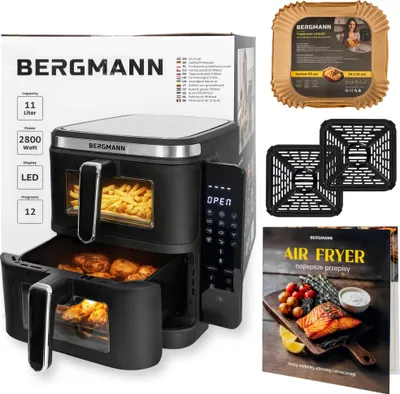 Zdjęcie produktu dla Frytkownica na gorące powietrze beztłuszczowa airfryer frytownica BERGMANN YI 2 komory pionowo 5,5l+5,5l 2800W 12 programów książka z przepisami