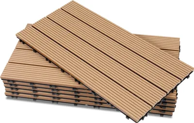 Obrázek produktu pro Izrielar WPC terasové dlaždice 4 m², 30 x 60 cm, 24 kusů, terasové prkna se 4 lamelami v dřevěném vzhledu, pro zahradní balkonovou podlahu s odvodněním a klikovým systémem, teak