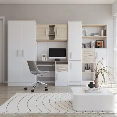 Produktbild von FABRYKA MEBLI IDŹCZAK Wohnwand Markus, Kinder- & Jugendzimmer, Weiß/Sonoma, weiße Griffe, B 300 cm x H 197 cm x T 52 cm