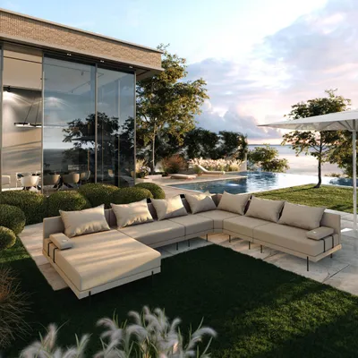 Produktbild von TRADA Gartenecksofa Bahama XXL Beige Rechts 410x298 cm Gartenmöbel set Wasserabweisend Stoff