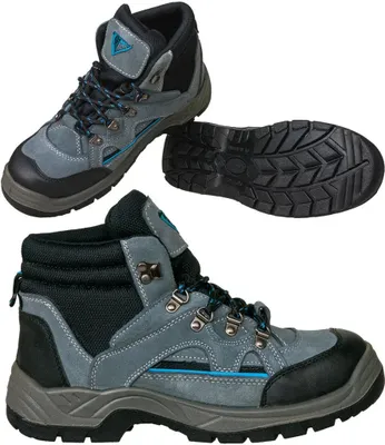 A collage of safety work boots and a separate boot sole.