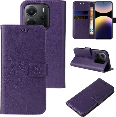 Produktbild von Handyhülle für Xiaomi Redmi Note 14 Floral Blumen Schmetterling Flip Cover Hülle Case Klapphülle Handytasche Farbe: Violett