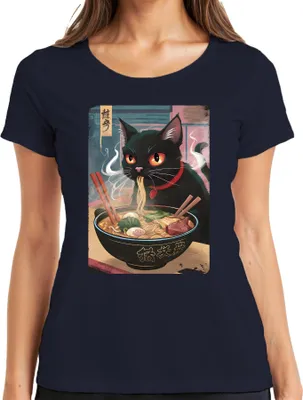 Produktbild von Schwarze Katze Ramen Nudelsuppe Japanisch Kawaii Anime Neko Chibi Damen T-Shirt, Navy, L