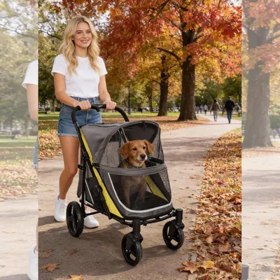 Immagine prodotto di Carrello 2-in-1 per cani, passeggino per cani pieghevole, adatto a cani di taglia grande e media e a gatti, passeggino pieghevole con finestre a rete, portabicchieri e seduta regolabile