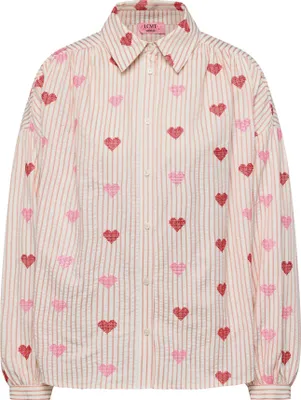 Produktbild von Rosa Bluse weit geschnitten mit gewebtem Streifenmuster, Herz-Stickereien und langen Ärmeln Größe 48
