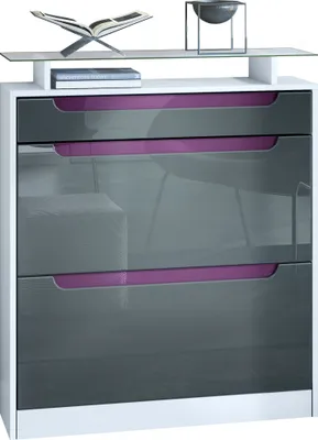 Produktbild von Vladon Schuhschrank Fiesta, Weiß matt/Grau Hochglanz/Brombeer Hochglanz Schuhkipper für 16 Paar Schuhe mit 2 Klappen (89 x 104 x 23 cm)