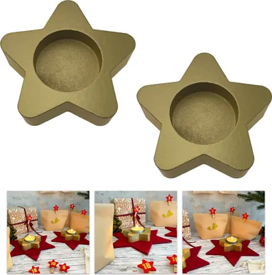 Produktbild von Oblique Unique Stern Teelichthalter 2er Set Kerzenhalter Sterne aus Holz - Tisch Deko für Winter Weihnachten gold