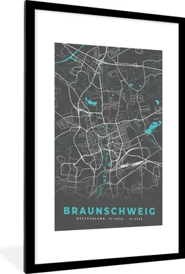 Produktbild von MuchoWow® Gerahmtes Poster Stadtplan - Deutschland - Blau - Braunschweig - Karte 60x90 cm - Poster mit Schwarzem Bilderrahmen Wandposter Rahmen Foto Bilder - Dekoration - Wandposter Wohnzimmer - Hochwertig