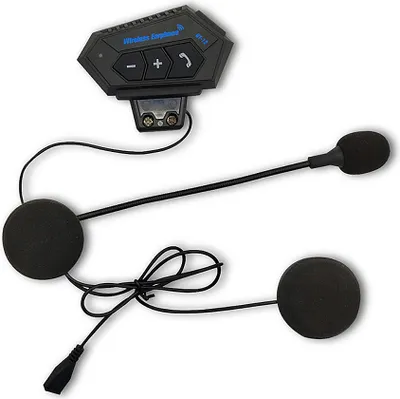 A black motorcycle helmet Bluetooth headset with two earbuds and a microphone, shown against a white background.