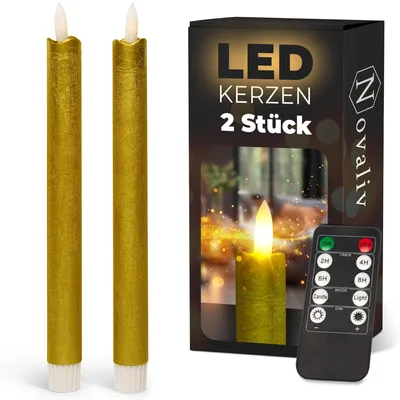 Produktbild von Stabkerzen LED mit Timer GOLD 2er indoor mit 6 Stunden Timer - ECHTWACHS 23cm Höhe für Kerzen 2,2cm Durchmesser 2 AAA Batterien notwendig LED Stabkerzen flackernde Flamme bewegliche Flamme