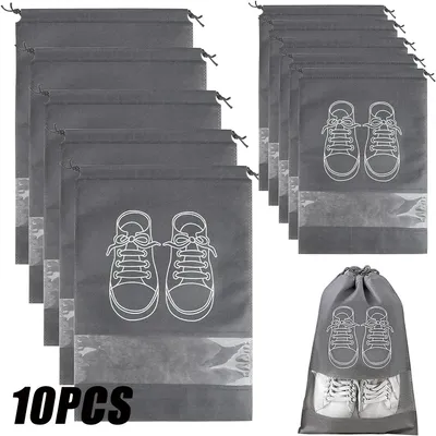 Produktbild von Schuhaufbewahrungstaschen - L, 10er-Set - Vliesstoff - Kordelzug - Faltbar - Für Reisen - Kleiderschrank - Weiß
