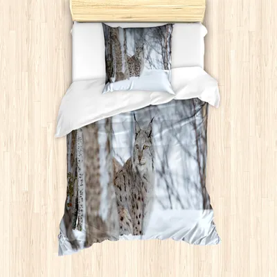 Produktbild von ABAKUHAUS Tier Mantele, Europäische Luchs Wildnis, Milbensicher Allergiker geeignet mit Kissenbezügen, 135 cm x 200 cm - 80 x 80 cm, Pale Brown White