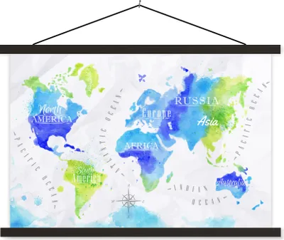 Produktbild von MuchoWow® Textilposter Weltkarte - Aquarell - Grün - Blau 90x60 cm mit schwarzem Rahmen - Aufhängungssatz