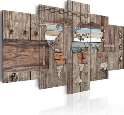 Produktbild von Modernes Wandbild k-A-0035-b-n (150x75) - 5 Teilig Bilder Fotografie auf Vlies Leinwand Foto Bild Dekoration Wand Bilder Kunstdruck BRETTER HOLZ WELTKARTE ABSTRAKT