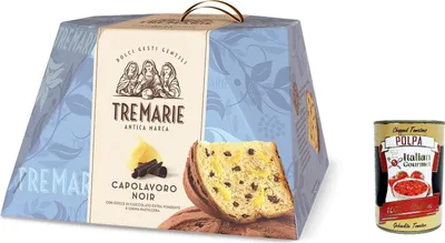 Produktbild von 3x Tre Marie Panettone CAPOLAVORO NOIR mit extra dunklen Schokoladenstückchen und Vanillesoße 830g + Italian gourmet polpa 400g