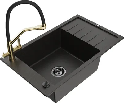 Produktbild von Mexen Elias 1 Becken-Granitspüle mit Abtropffläche und Mischbatterie Duo, Schwarz/Gold metallisch - 6511-75-671701-57-B