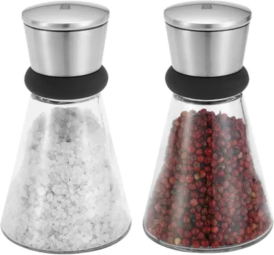 Produktbild von Zwilling Table Salz und Pfeffermühle 2er Set, mit Deckel, Gewürzmühle Edelstahl gebürstet, Glas Salzmühle Keramikmahlwerk