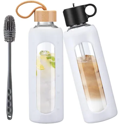 Immagine prodotto di Bottiglia d'acqua in vetro da 750 ml, con 2 tappi e indicatore di tempo motivazionale