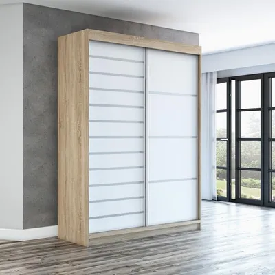 A modern sliding door wardrobe is shown in a room with a concrete wall and wooden floor.