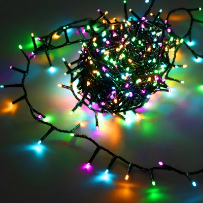 A tangled string of colorful LED lights.