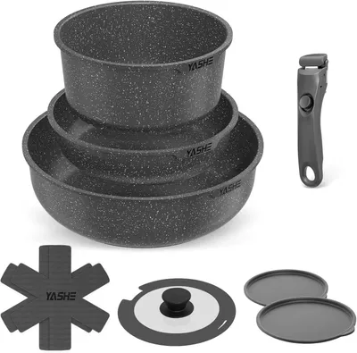 Image de Ensemble de batterie de cuisine 9 pièces - Ensemble de casseroles et de poêles - Poignées amovibles - Revêtement antiadhésif - Noir