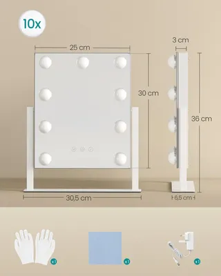 Produktbild von SONGMICS Make-up Spiegel mit LED-Beleuchtung, Kosmetikspiegel, Touch-Steuerung, Handyhalter, 3 Lichtfarben, 25 x 30 cm, weiß