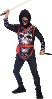 Produktbild von Ninja Kostüm Totenkopf Kinder schwarz-rot - 146 (10-12 Jahre)