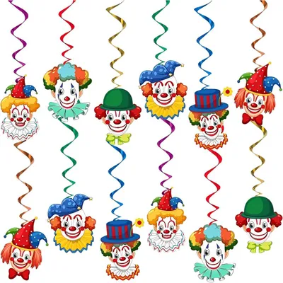 12 Spiral-Luftschlangen mit Clownmotiv, je 80 cm, bunt