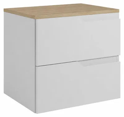 Immagine prodotto di Mobile bagno sospeso, 60 cm, con cassetti, struttura bianca e piano in legno di quercia chiaro, dimensioni 60 x 46 x 58,6 cm, Immagine generata dall'IA