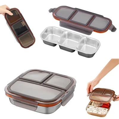 Productafbeelding van RVS Lunchbox met Drie Compartimenten, Lekvrij voor Snacks en Maaltijden