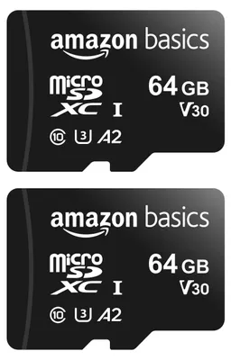 Image de Amazon Basics âLSMICRO64GU3D Micro SDXC Class 10 UHS-I U3 V30 microSDXC Speicherkarte, 64 GB, Class 10 / UHS-III, 2er Pack