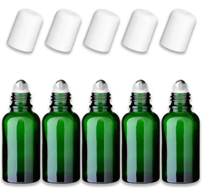 Produktbild von 5x Grüne Glasflasche 30 ml Roll-On mit weißem Verschluss – Fläschchen