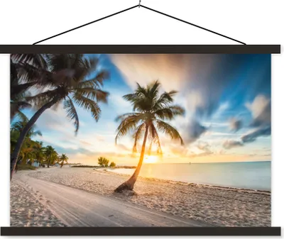 Produktbild von MuchoWow® Textilposter Sonnenuntergang - Strand - Palme 120x80 cm mit schwarzem Rahmen - Wanddeko