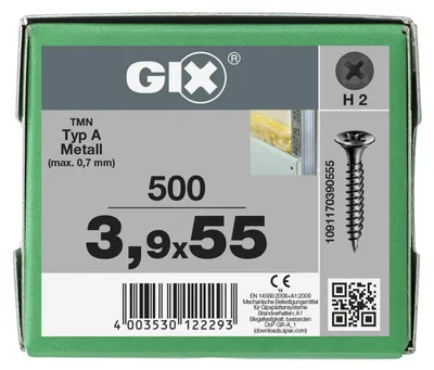 Immagine prodotto di SPAX GIX-A filettatura a passo fine, 3,9 x 55 mm, 500 pezzi, completamente filettati, testa a tromba, incavo trasversale H2, punta ad ago - 1091170390555