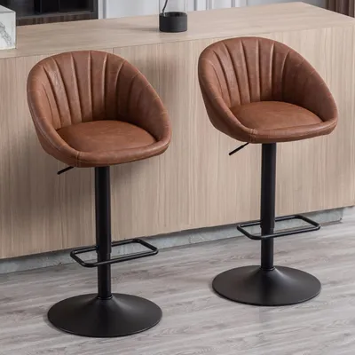 Image de Ensemble de 2 tabourets de bar, réglables en hauteur, pivotants, rembourrés, en similicuir PU, couleur marron