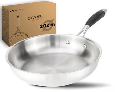 Produktbild von DIVORY Edelstahlpfanne 20cm – Ohne PTFE, unbeschichtete Pfanne aus Edelstahl, Induktion geeignet, für alle Herdarten geeignet, kleine Bratpfanne