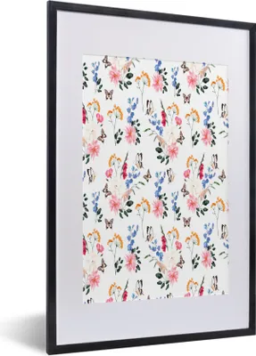 Produktbild von MuchoWow® MuchoWow® Gerahmtes Poster Blumen - Schmetterlinge - Collage 40x60 cm - Poster mit zchwarzem Bilderrahmen - Poster in Rahmen