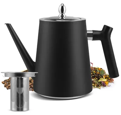 Teekanne aus Edelstahl, 1,5 l, schwarz, mit Sieb, hitzebeständiger Griff