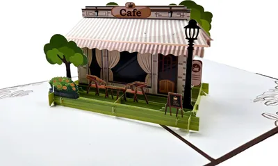 Produktbild von 3D Pop-Up Grußkarte Café-Szene, Handgefertigte Popup Karte mit Straßencafé-Motiv, Vintage Design, Geburtstagskarte, Geschenkgutschein