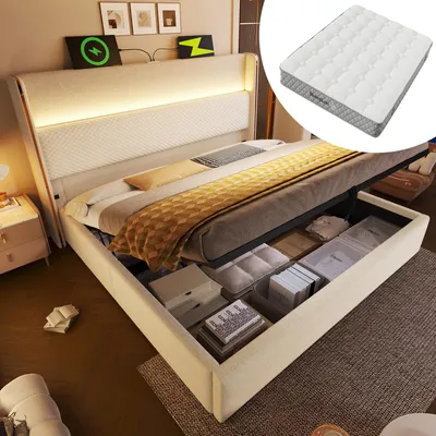 Produktbild von STILVORA Polsterbett 140x200 mit Bettkasten,Stauraumbett Bettgestell mit LED-Beleuchtung&USB+TYPE-C,Jugendbett mit Lattenrost,Leinen,Beige(Mit Matratze)