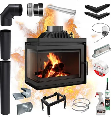 A collage of fireplace insert components and accessories, with a fireplace insert with burning logs in the center.