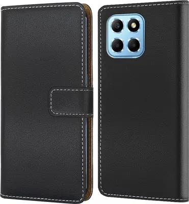 A black flip-style phone case is shown from the front and back.