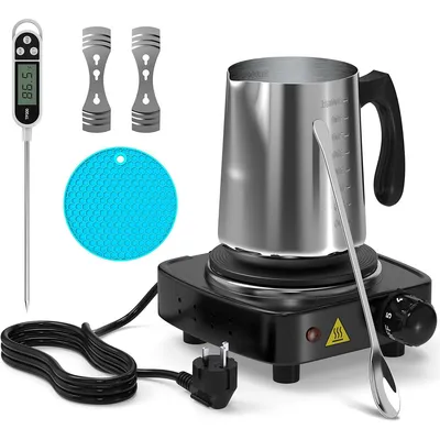 Produktbild von Fortgeschrittenes Kerzenherstellungsset mit Heizplatte – DIY für Anfänger – inkl. 900-ml-Sprühflasche, Rührlöffel, Dochthalter und Thermometer