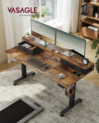 Produktbild von VASAGLE Höhenverstellbarer Schreibtisch elektrisch, 140 cm, stufenlos verstellbar, mit Steckdosenleiste, Haken, Memory-Funktion
